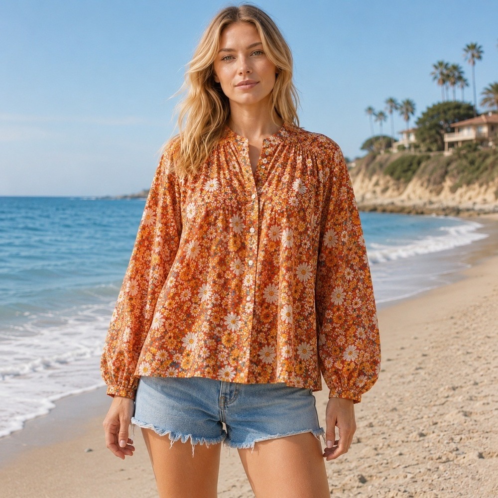 by Trovata‎ Birds of Paradis Lilly Blouse Prarie Lightweight Beach Oversized XS